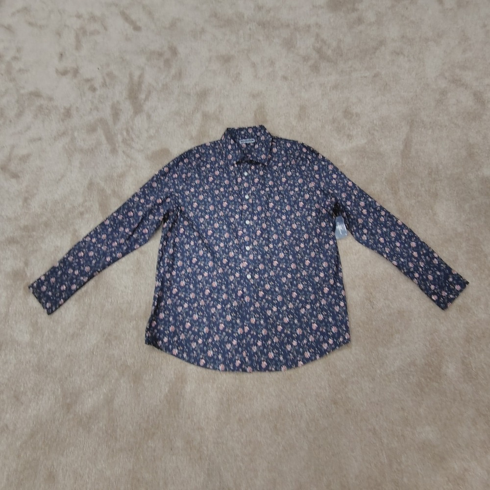 Mens Navy Blue Floral Long Sleeve Button Down Dress Shirt NWT XL 100% Cotton
